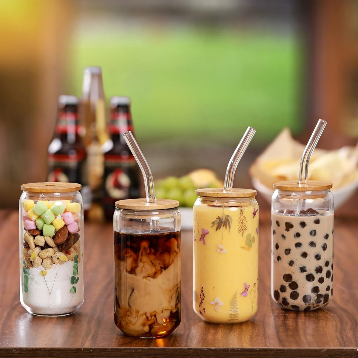 Drinking Glasses with Bamboo Lids and Glass Straw - 16oz Glass Cups, Iced Coffee Glasses, Cute iced Tea Glasses, Beer Glasses, Ideal for Coffee Bar Accessories, Aesthetic Gift - 2 Brushes