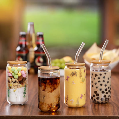 Drinking Glasses with Bamboo Lids and Glass Straw - 16oz Glass Cups, Iced Coffee Glasses, Cute iced Tea Glasses, Beer Glasses, Ideal for Coffee Bar Accessories, Aesthetic Gift - 2 Brushes