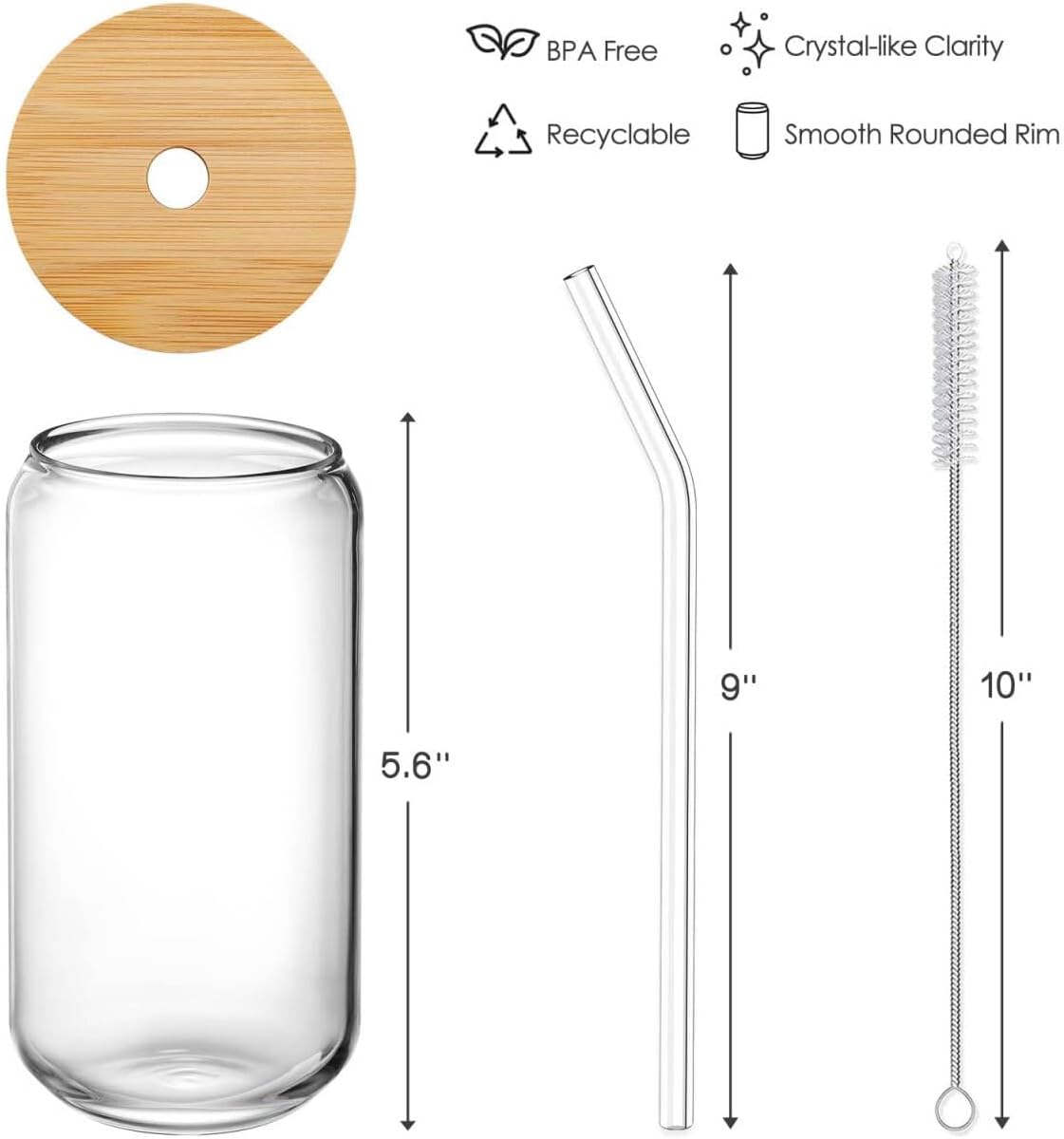 Drinking Glasses with Bamboo Lids and Glass Straw - 16oz Glass Cups, Iced Coffee Glasses, Cute iced Tea Glasses, Beer Glasses, Ideal for Coffee Bar Accessories, Aesthetic Gift - 2 Brushes