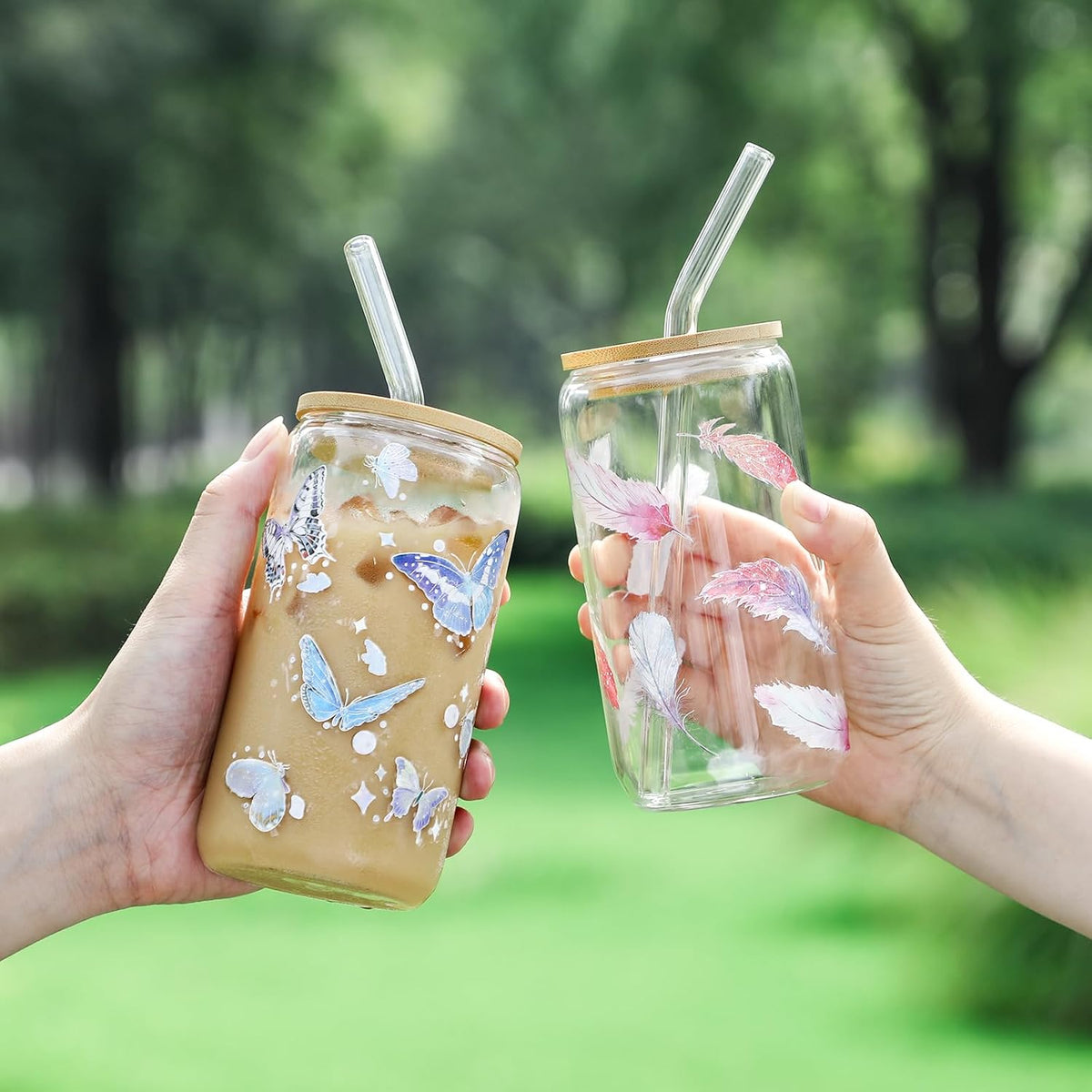 Drinking Glasses with Bamboo Lids and Glass Straw - 16oz Glass Cups, Iced Coffee Glasses, Cute iced Tea Glasses, Beer Glasses, Ideal for Coffee Bar Accessories, Aesthetic Gift - 2 Brushes