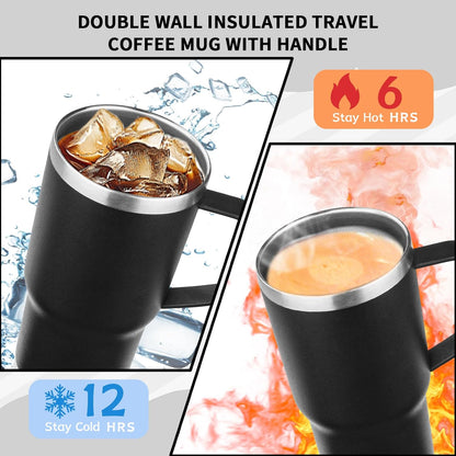 20oz Insulated Tumbler with Handle Stainless Steel Travel Coffee Mug with Lid and Straw Double Wall Vacuum Leak-proof Reusable Thermal Water Cup for Hot and Cold Drinks (Black,1 Pack)