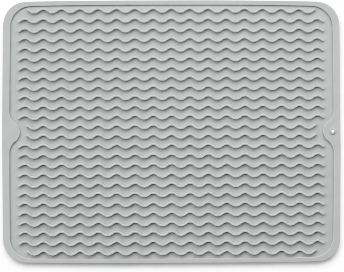 Silicone Dish Drying Mat 16 x 12 Inch, Non-Slip Heat Resistant Food-Grade Silicone Dish Pad, Easy Clean Multipurpose Sink Mat & Counter Protector, Gray