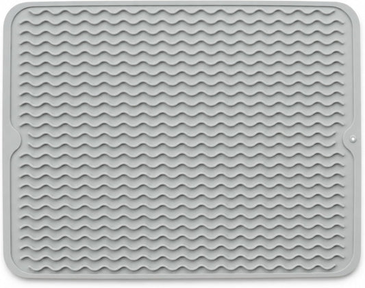 Silicone Dish Drying Mat 16 x 12 Inch, Non-Slip Heat Resistant Food-Grade Silicone Dish Pad, Easy Clean Multipurpose Sink Mat & Counter Protector, Gray