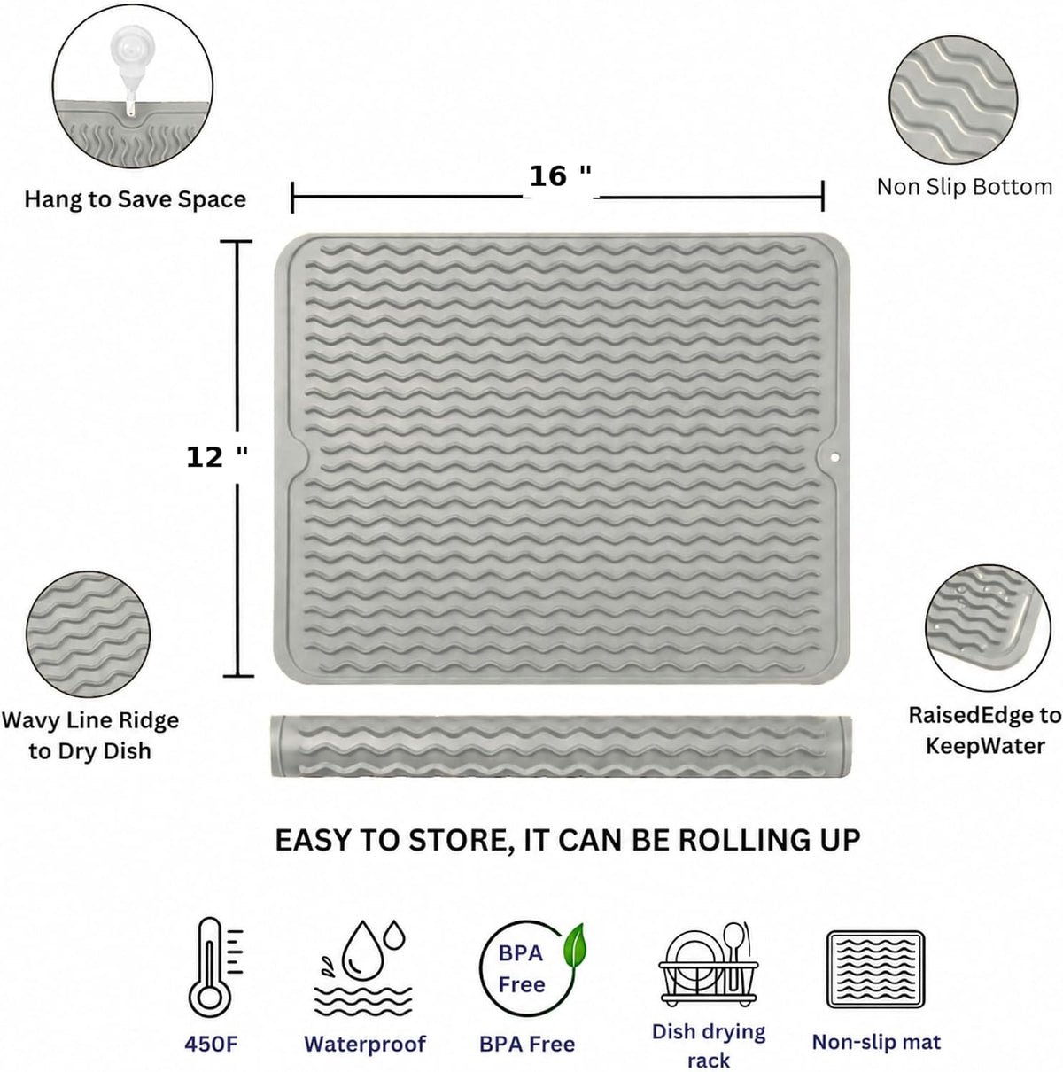 Silicone Dish Drying Mat 16 x 12 Inch, Non-Slip Heat Resistant Food-Grade Silicone Dish Pad, Easy Clean Multipurpose Sink Mat & Counter Protector, Gray