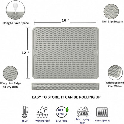 Silicone Dish Drying Mat 16 x 12 Inch, Non-Slip Heat Resistant Food-Grade Silicone Dish Pad, Easy Clean Multipurpose Sink Mat & Counter Protector, Gray