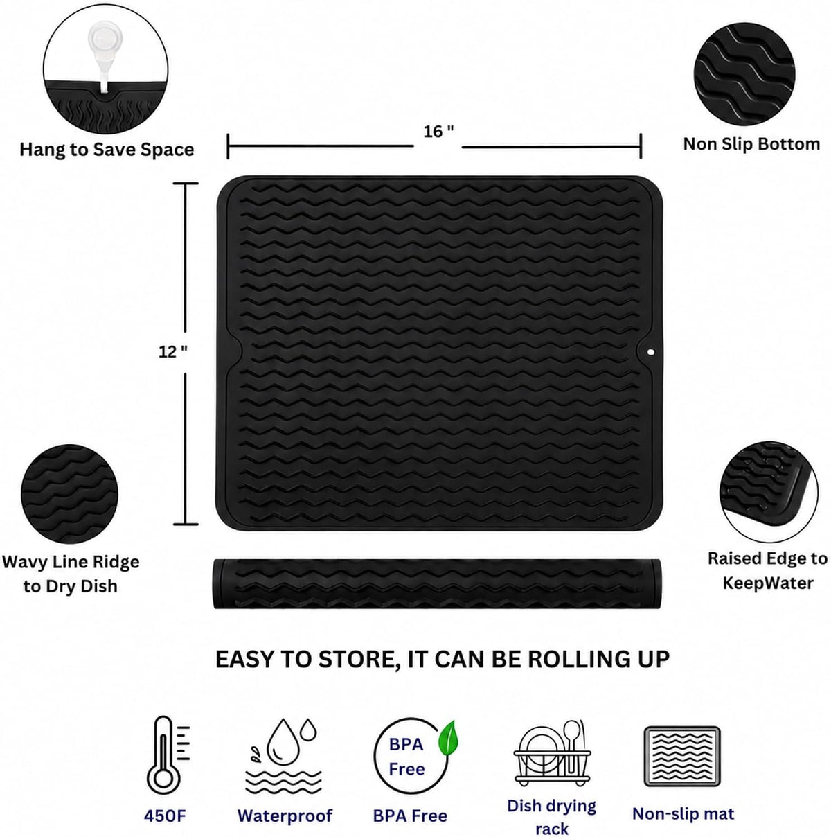 Silicone Dish Drying Mat 16 x 12 Inch, Non-Slip Heat Resistant Food-Grade Silicone Dish Pad, Easy Clean Multipurpose Sink Mat & Counter Protector, Gray
