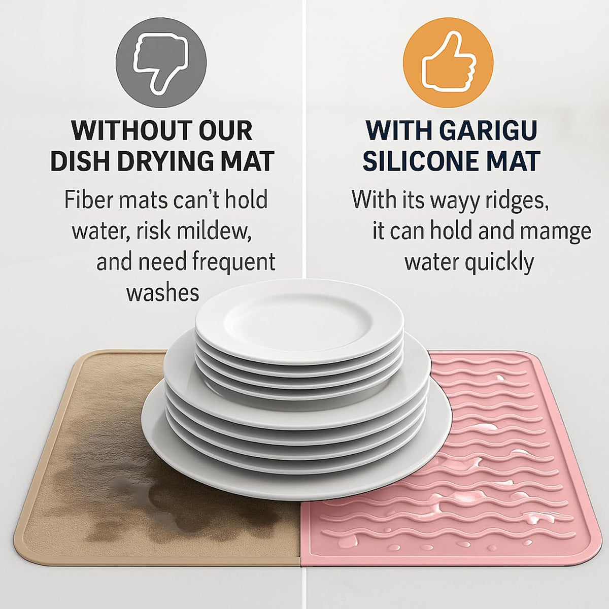 Silicone Dish Drying Mat 16 x 12 Inch, Non-Slip Heat Resistant Food-Grade Silicone Dish Pad, Easy Clean Multipurpose Sink Mat & Counter Protector, Gray