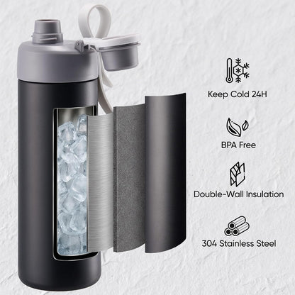 18 oz Insulated Water Bottle with Handle, 304 Stainless Steel Double Wall Vacuum, Keep 24H Cold, Leak Proof, BPA-Free,with Lid & Non-Slip Bottom for Outdoor, Sports, Work, Travel (Black)