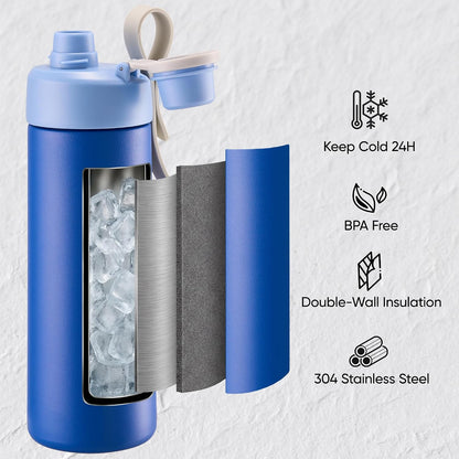 18 oz Insulated Water Bottle with Handle, 304 Stainless Steel Double Wall Vacuum, Keep 24H Cold, Leak Proof, BPA-Free,with Lid & Non-Slip Bottom for Outdoor, Sports, Work, Travel (Black)