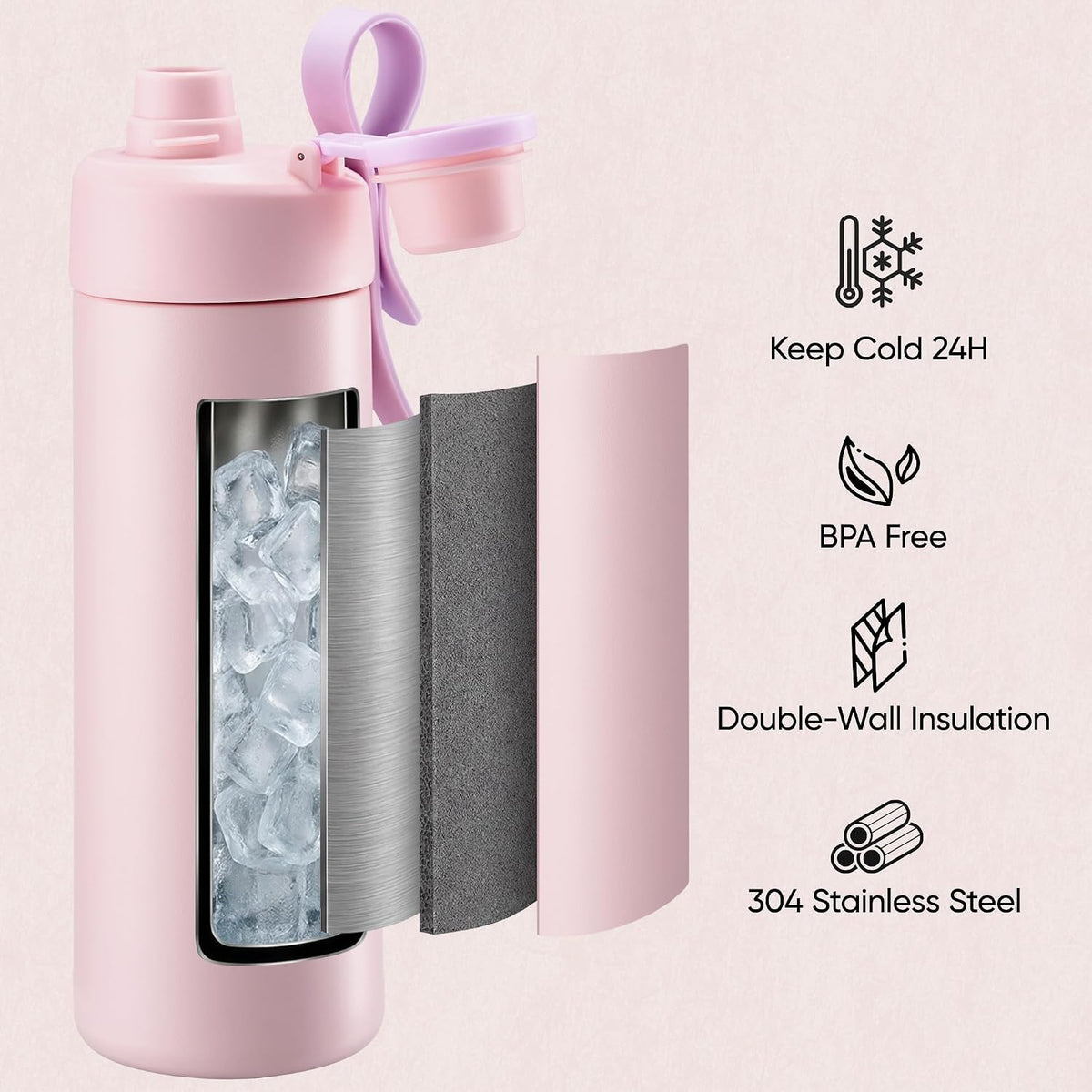 18 oz Insulated Water Bottle with Handle, 304 Stainless Steel Double Wall Vacuum, Keep 24H Cold, Leak Proof, BPA-Free,with Lid & Non-Slip Bottom for Outdoor, Sports, Work, Travel (Black)