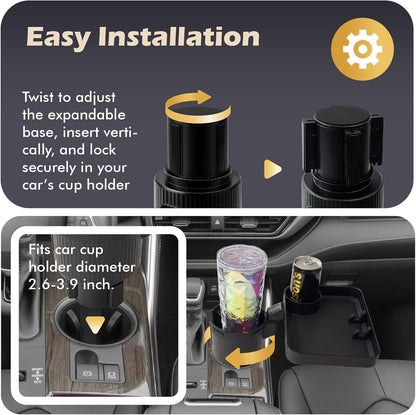Car Cup Holder Tray, 3 in 1 Cup Holder Expander Adapter for Car, 360° Rotating 10.5" Car Food Tray Eating Table, Road Trip Essentials Fits Yeti, Hydro Flask 16-46 oz Large Water Bottles