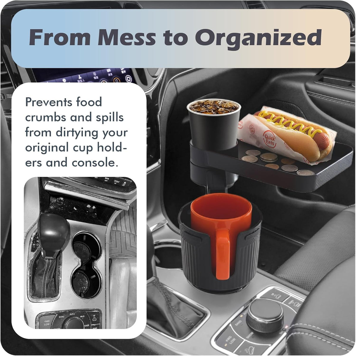 Car Cup Holder Tray, 3 in 1 Cup Holder Expander Adapter for Car, 360° Rotating 10.5" Car Food Tray Eating Table, Road Trip Essentials Fits Yeti, Hydro Flask 16-46 oz Large Water Bottles