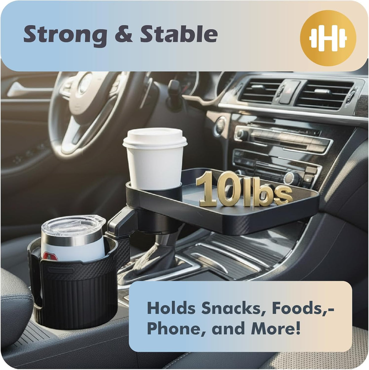 Car Cup Holder Tray, 3 in 1 Cup Holder Expander Adapter for Car, 360° Rotating 10.5" Car Food Tray Eating Table, Road Trip Essentials Fits Yeti, Hydro Flask 16-46 oz Large Water Bottles