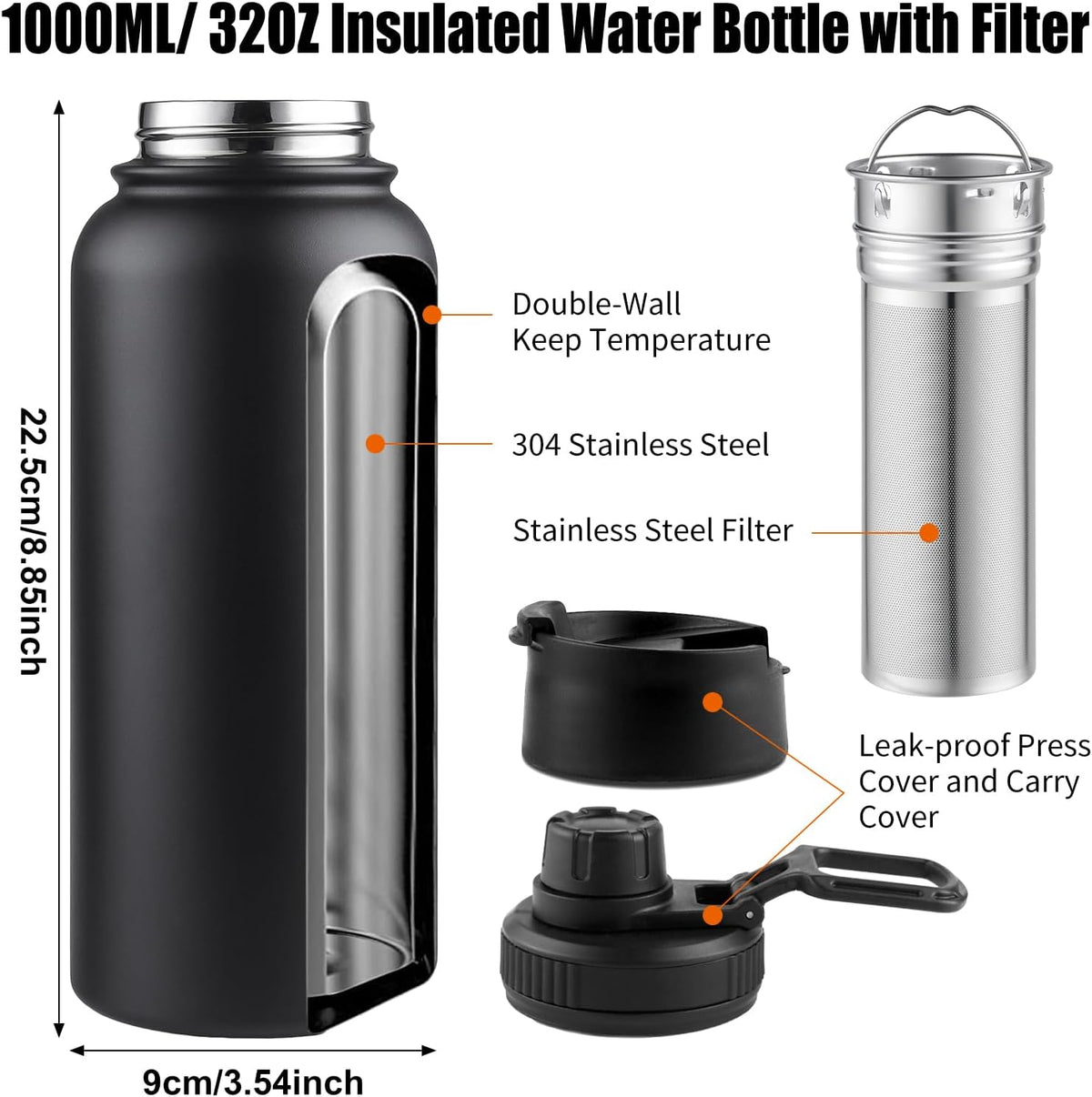 Tea Infuser Bottle With Removable Loose Leaf Tea Strainer Cup 18/8 Stainless Steel Portable Insulated Travel Tea Tumbler Black