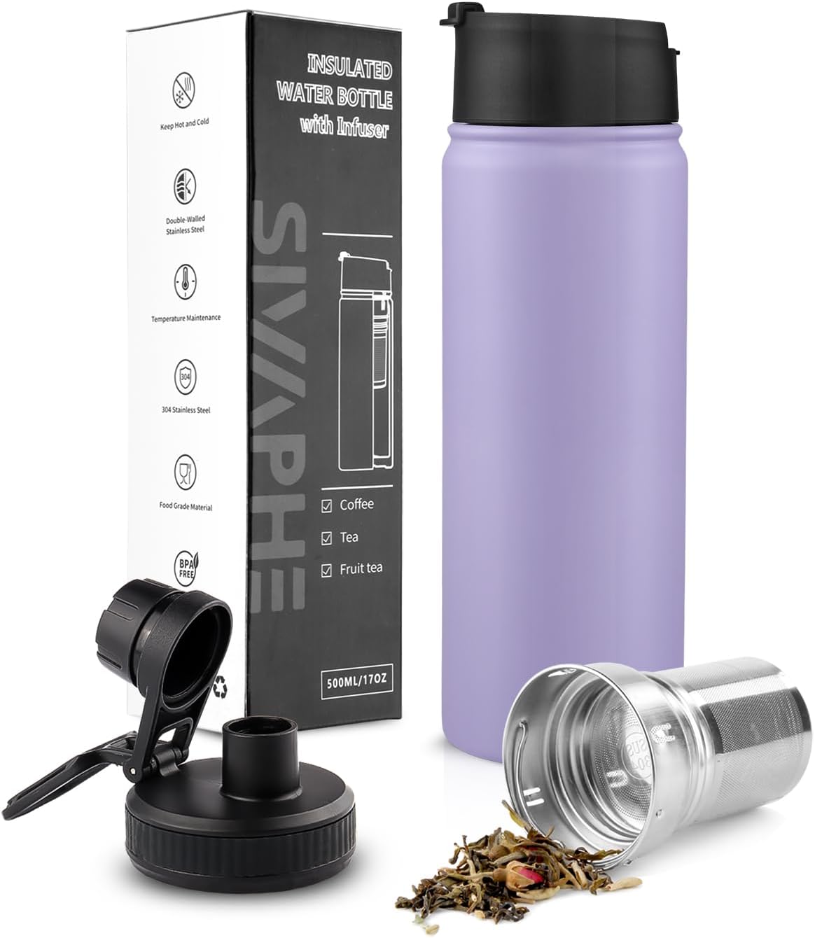 Tea Infuser Bottle With Removable Loose Leaf Tea Strainer Cup 18/8 Stainless Steel Portable Insulated Travel Tea Tumbler Black