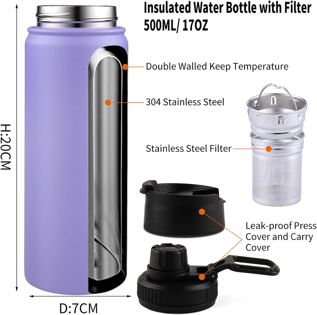 Tea Infuser Bottle With Removable Loose Leaf Tea Strainer Cup 18/8 Stainless Steel Portable Insulated Travel Tea Tumbler Black
