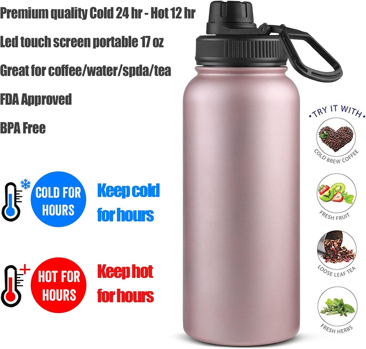 Tea Infuser Bottle With Removable Loose Leaf Tea Strainer Cup 18/8 Stainless Steel Portable Insulated Travel Tea Tumbler Black