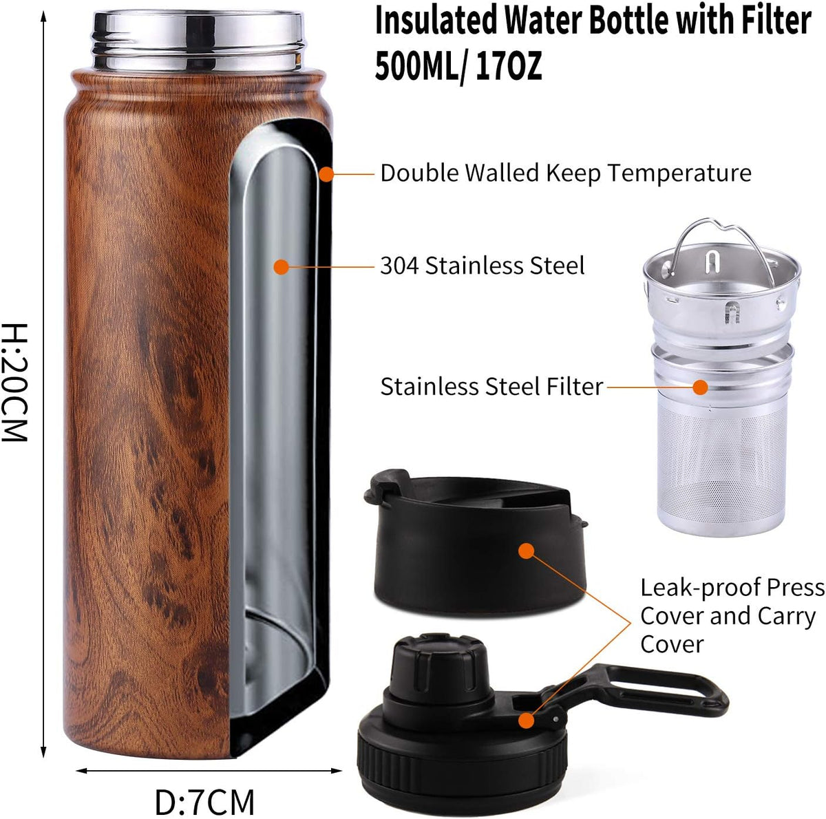 Tea Infuser Bottle With Removable Loose Leaf Tea Strainer Cup 18/8 Stainless Steel Portable Insulated Travel Tea Tumbler Black