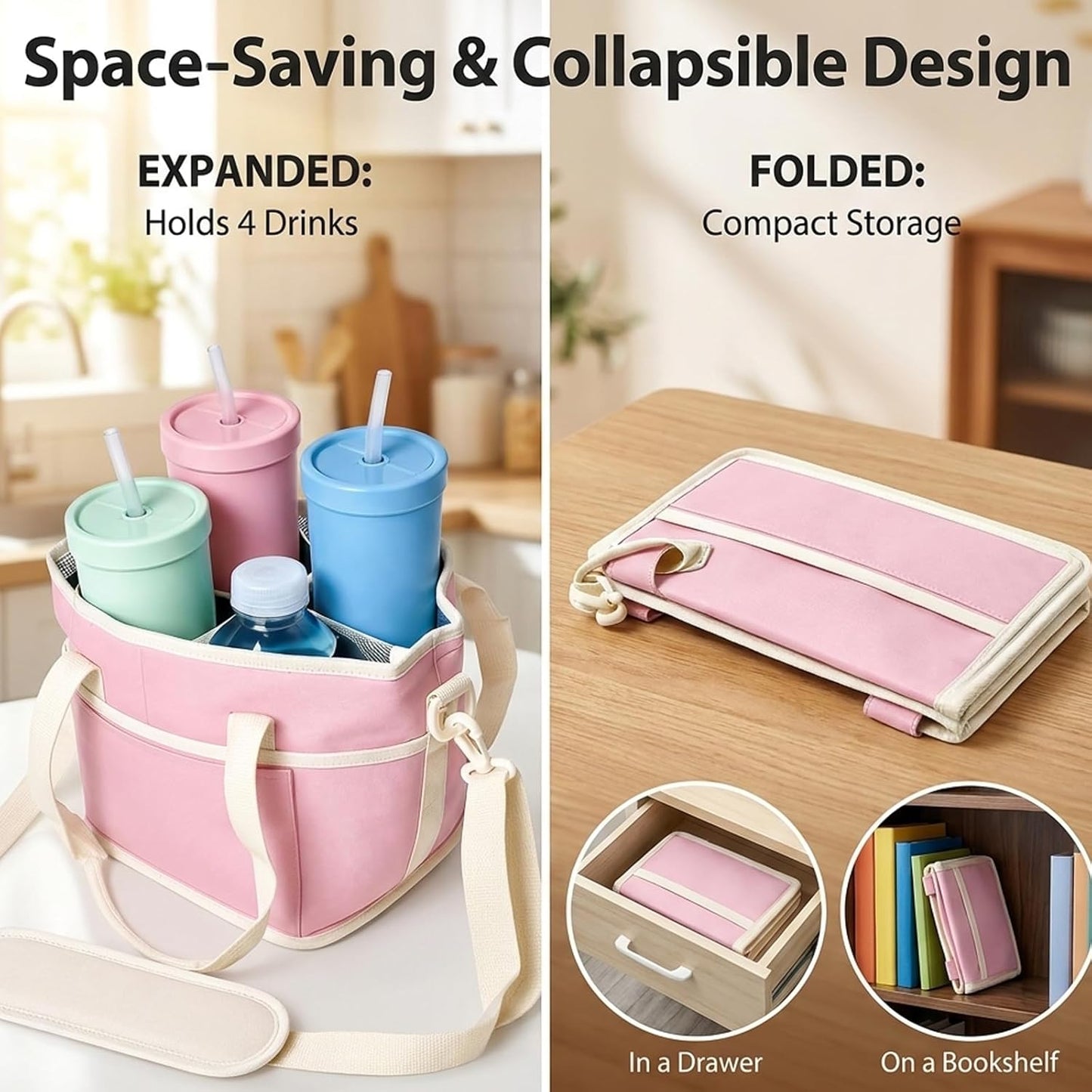 Insulated Drink Carrier Bag, 4 Compartment Insulated Drink Carrier Holder Bag, Water Bottle Holder with Adjustable Strap Tote for Coffee, Travel, Outings