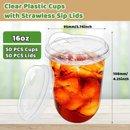 16 oz Clear Plastic Iced Coffee Cups with Strawless Sip Lids