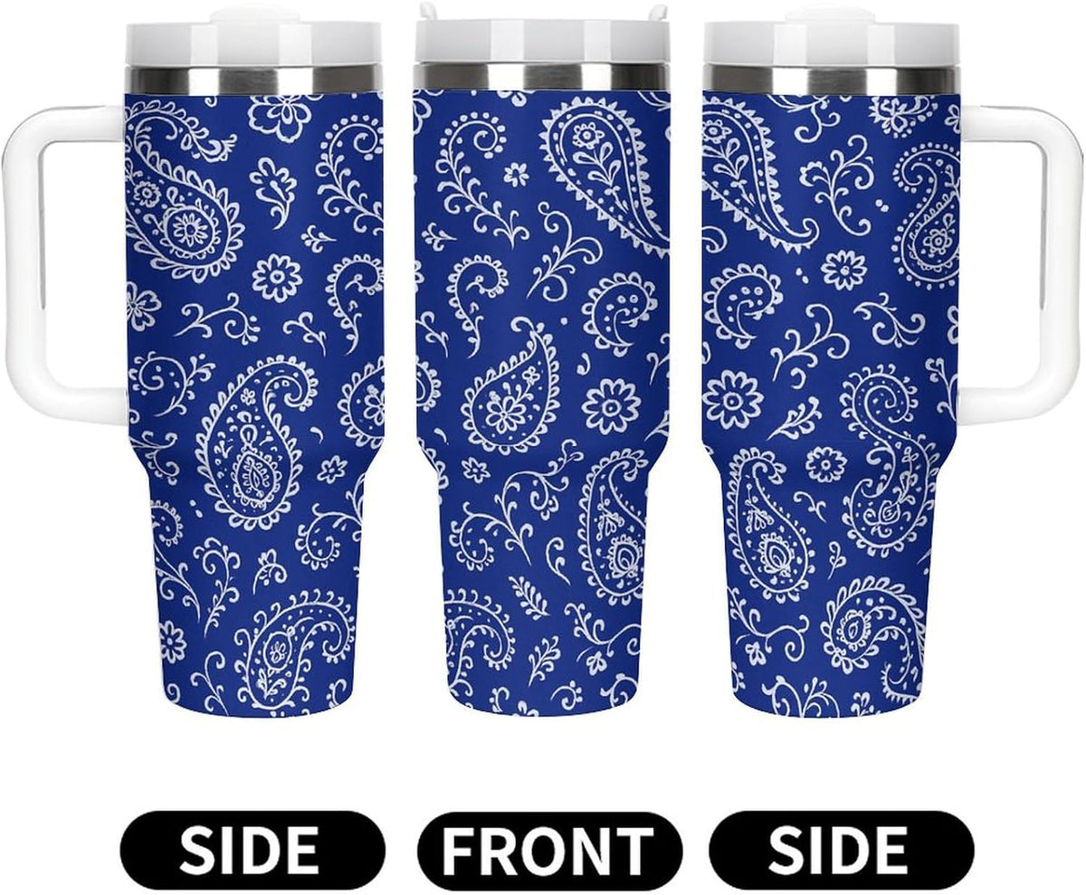 Blue Paisley Pattern Tumbler Insulated Travel Coffee Mug Car Cup Stainless Steel with Lid Handle Straw 40OZ