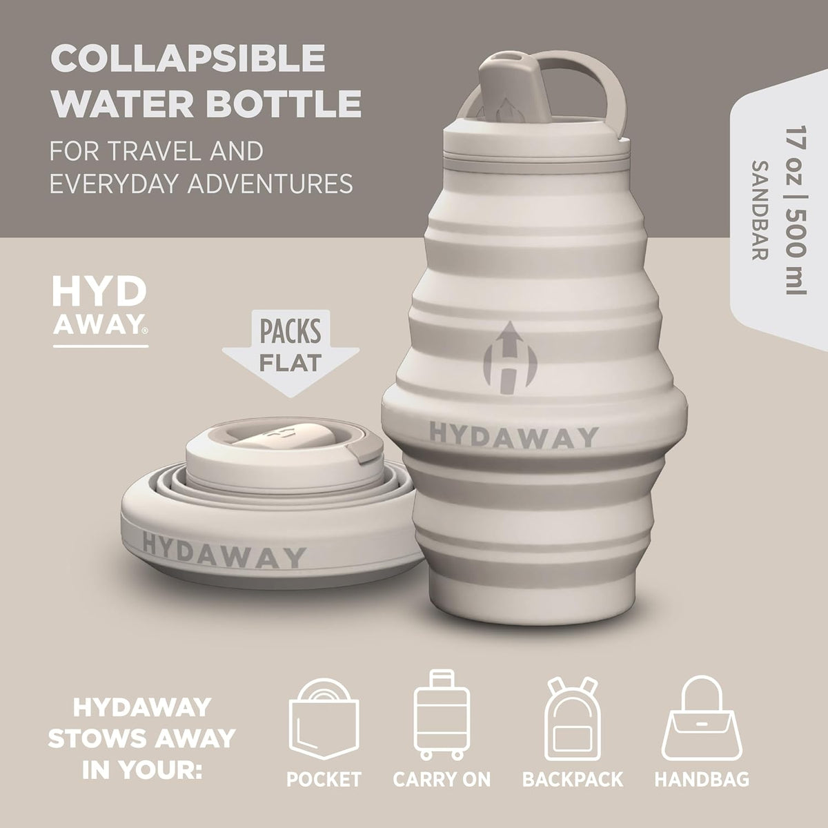 17oz Collapsible Water Bottle, Packable Leakproof for Travel