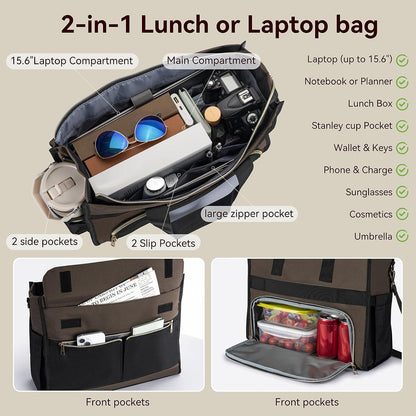 Insulated Lunch Bag for Women, 15.6" Laptop Tote with Leakproof Cooler Compartment for Nurse Teacher Work Office and Outdoor