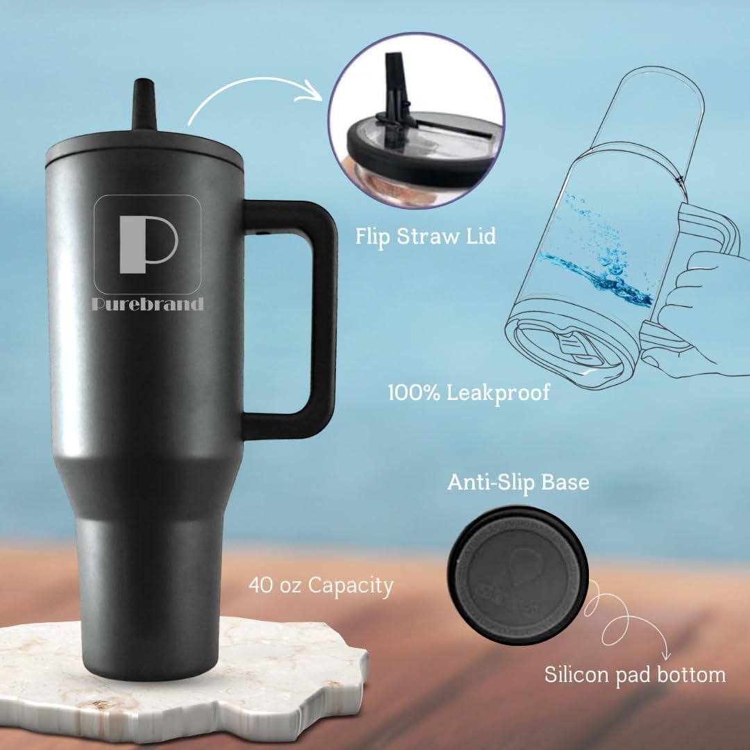 40 oz Tumbler. 100% Leak-Proof Spill-Proof Lid with Handle and Flip Straw. Double Wall Vacuum Insulated Stainless Steel for Hydration at Home Office Car Gym and Playgrounds (Black)