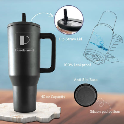 40 oz Tumbler. 100% Leak-Proof Spill-Proof Lid with Handle and Flip Straw. Double Wall Vacuum Insulated Stainless Steel for Hydration at Home Office Car Gym and Playgrounds (Black)