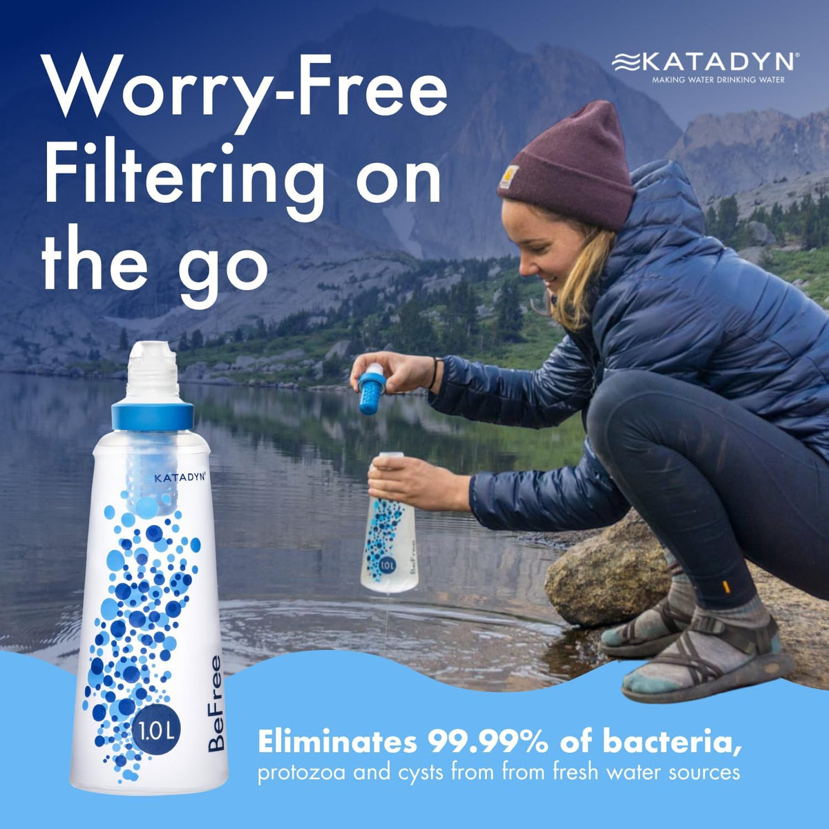 BeFree 1L Lightweight Collapsible Water Filter Bottle for Outdoors
