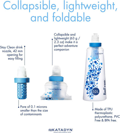 BeFree 1L Lightweight Collapsible Water Filter Bottle for Outdoors