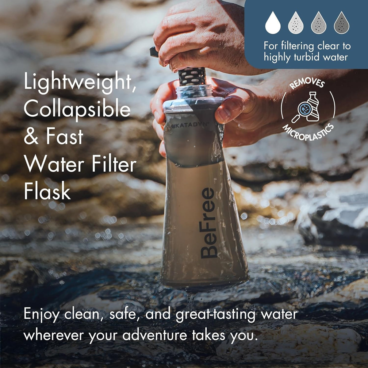 BeFree 1L Lightweight Collapsible Water Filter Bottle for Outdoors