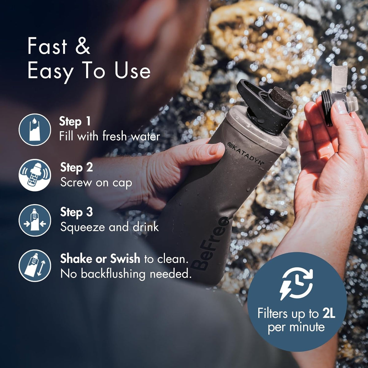 BeFree 1L Lightweight Collapsible Water Filter Bottle for Outdoors