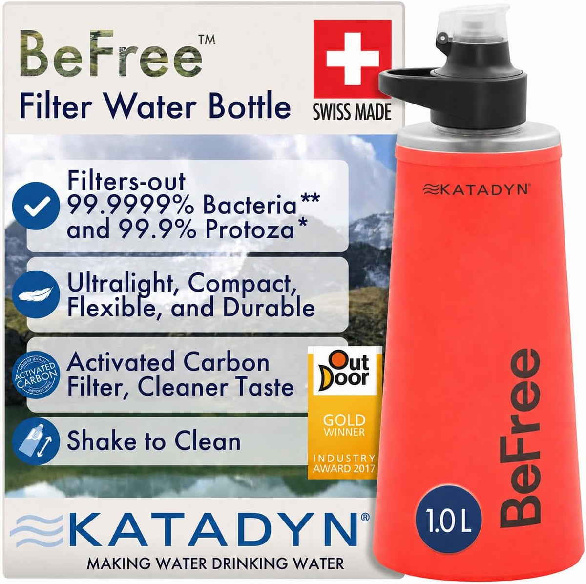 BeFree 1L Lightweight Collapsible Water Filter Bottle for Outdoors