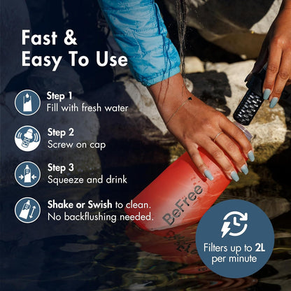 BeFree 1L Lightweight Collapsible Water Filter Bottle for Outdoors