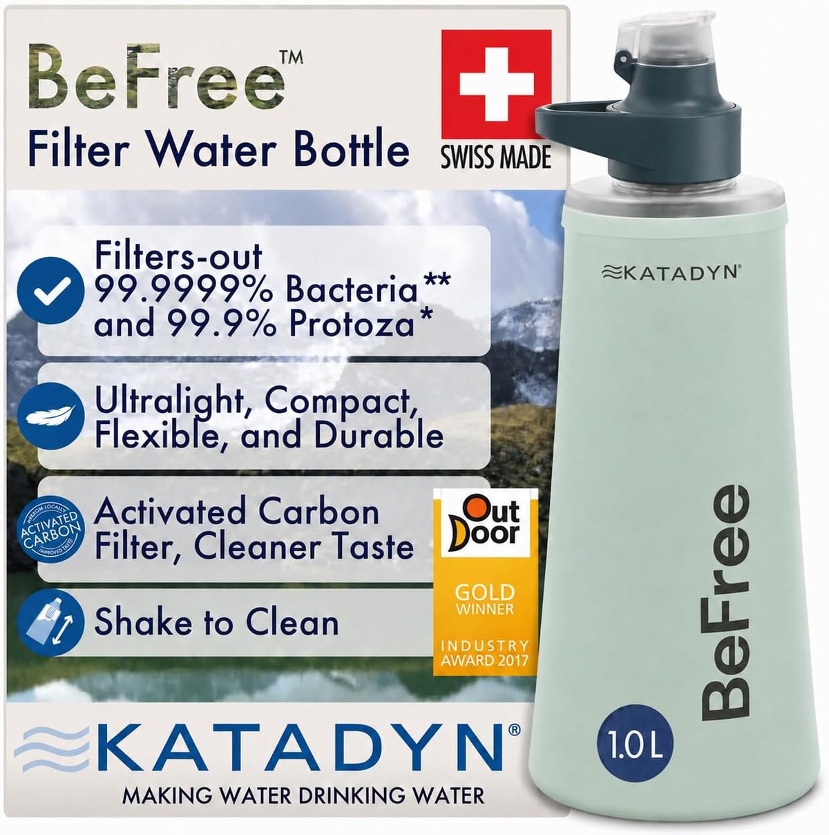BeFree 1L Lightweight Collapsible Water Filter Bottle for Outdoors