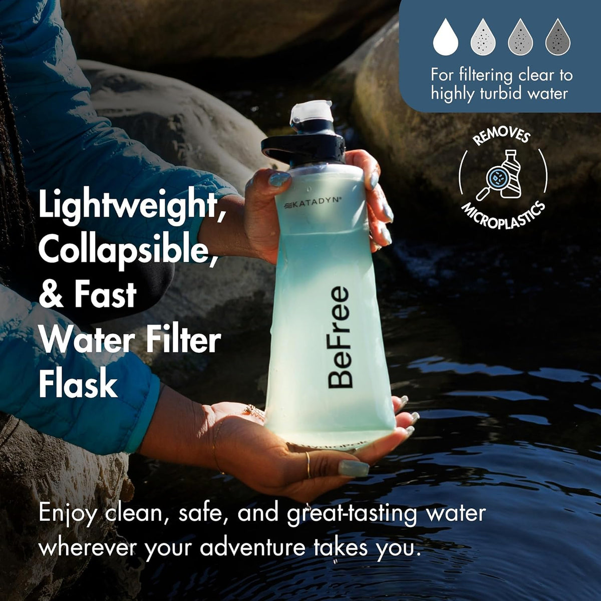 BeFree 1L Lightweight Collapsible Water Filter Bottle for Outdoors