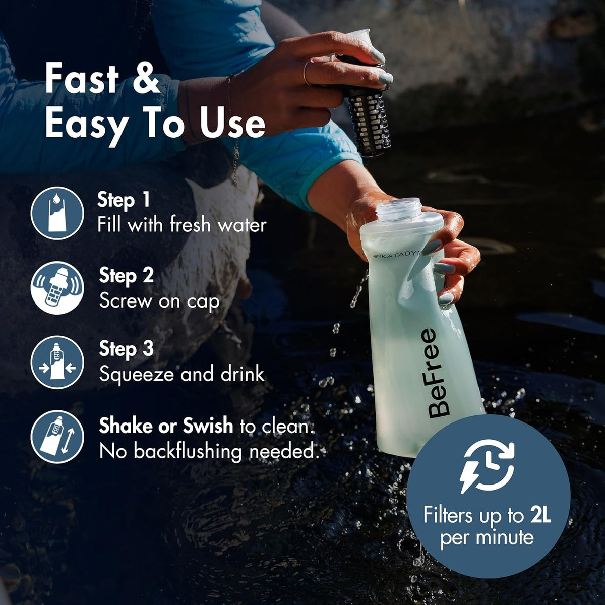 BeFree 1L Lightweight Collapsible Water Filter Bottle for Outdoors