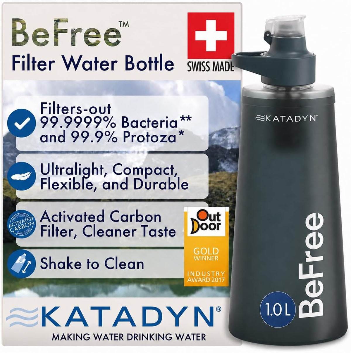 BeFree 1L Lightweight Collapsible Water Filter Bottle for Outdoors