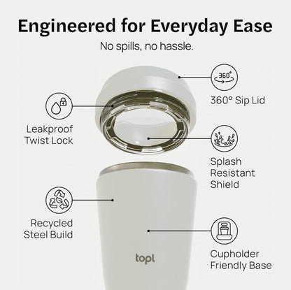To Go Coffee Cup – Insulated Travel Coffee Mug with 360° Leak‑Safe Lid, Stainless Steel Coffee Tumbler for Hot/Cold, Spill‑Resistant, BPA‑Free - Salt, 12oz