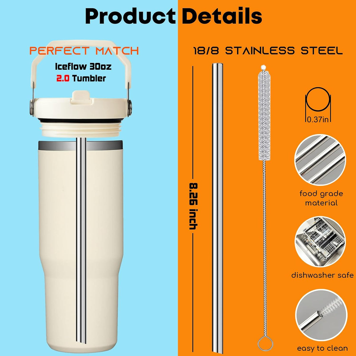 Stainless Steel Straws Compatible with Stanley Iceflow 30oz Flip Tumbler, 6 Pack Reusable Metal Straws for Stanley Ice Flow 30oz Cup Lid Only, Plus Straw Brush