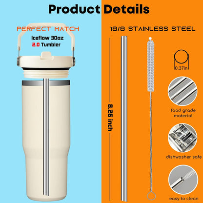 Stainless Steel Straws Compatible with Stanley Iceflow 30oz Flip Tumbler, 6 Pack Reusable Metal Straws for Stanley Ice Flow 30oz Cup Lid Only, Plus Straw Brush