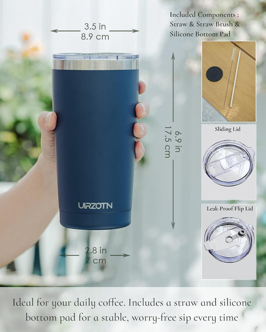 Travel Coffee Tumbler 20oz, Leakproof Travel Coffee Mug with Dual Lids and Straw, Stainless Steel Double Wall Vacuum Insulated Tumbler for Hot/Iced Drinks (Navy Blue, Textured Matte)