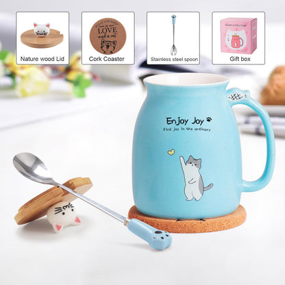 Cute Cat Cup Ceramic Coffee Mug with Kawaii Cat Wooden Lid, Lovely Stainless Steel Spoon, Anime Kitty Thicken Wooden Coaster, Christmas Birthday Cute Thing Japanese Mug 16oz (Blue)