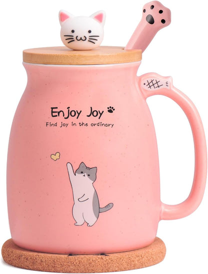 Cute Cat Cup Ceramic Coffee Mug with Kawaii Cat Wooden Lid, Lovely Stainless Steel Spoon, Anime Kitty Thicken Wooden Coaster, Christmas Birthday Cute Thing Japanese Mug 16oz (Blue)