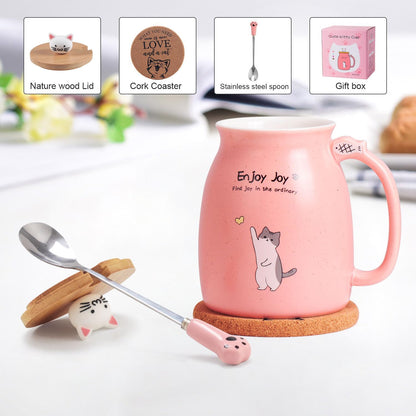 Cute Cat Cup Ceramic Coffee Mug with Kawaii Cat Wooden Lid, Lovely Stainless Steel Spoon, Anime Kitty Thicken Wooden Coaster, Christmas Birthday Cute Thing Japanese Mug 16oz (Blue)