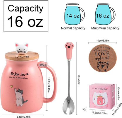 Cute Cat Cup Ceramic Coffee Mug with Kawaii Cat Wooden Lid, Lovely Stainless Steel Spoon, Anime Kitty Thicken Wooden Coaster, Christmas Birthday Cute Thing Japanese Mug 16oz (Blue)