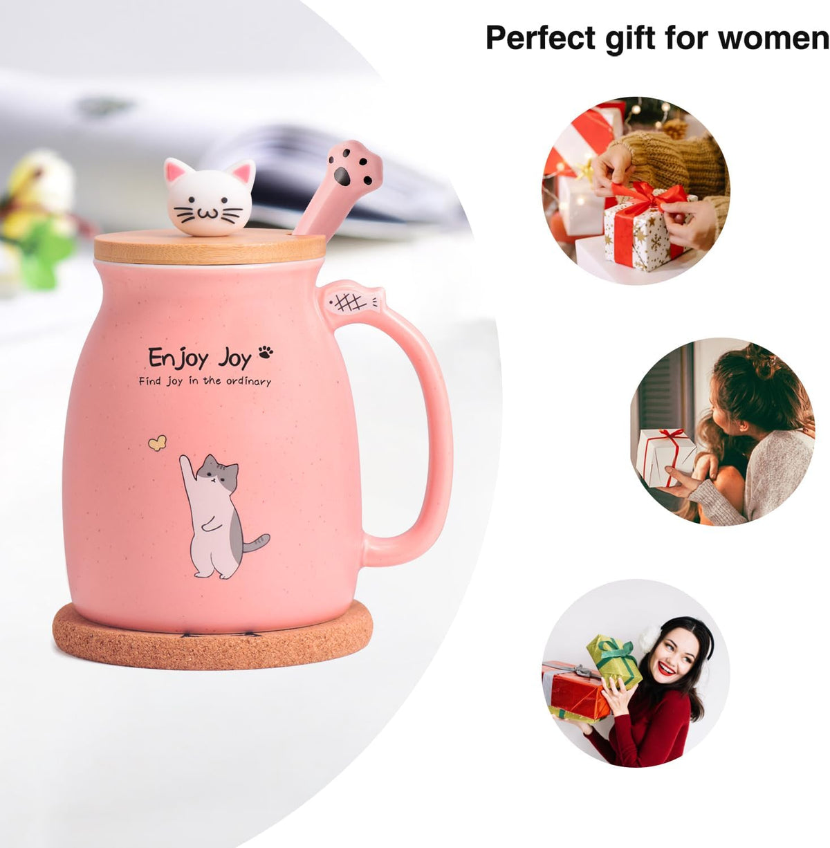 Cute Cat Cup Ceramic Coffee Mug with Kawaii Cat Wooden Lid, Lovely Stainless Steel Spoon, Anime Kitty Thicken Wooden Coaster, Christmas Birthday Cute Thing Japanese Mug 16oz (Blue)