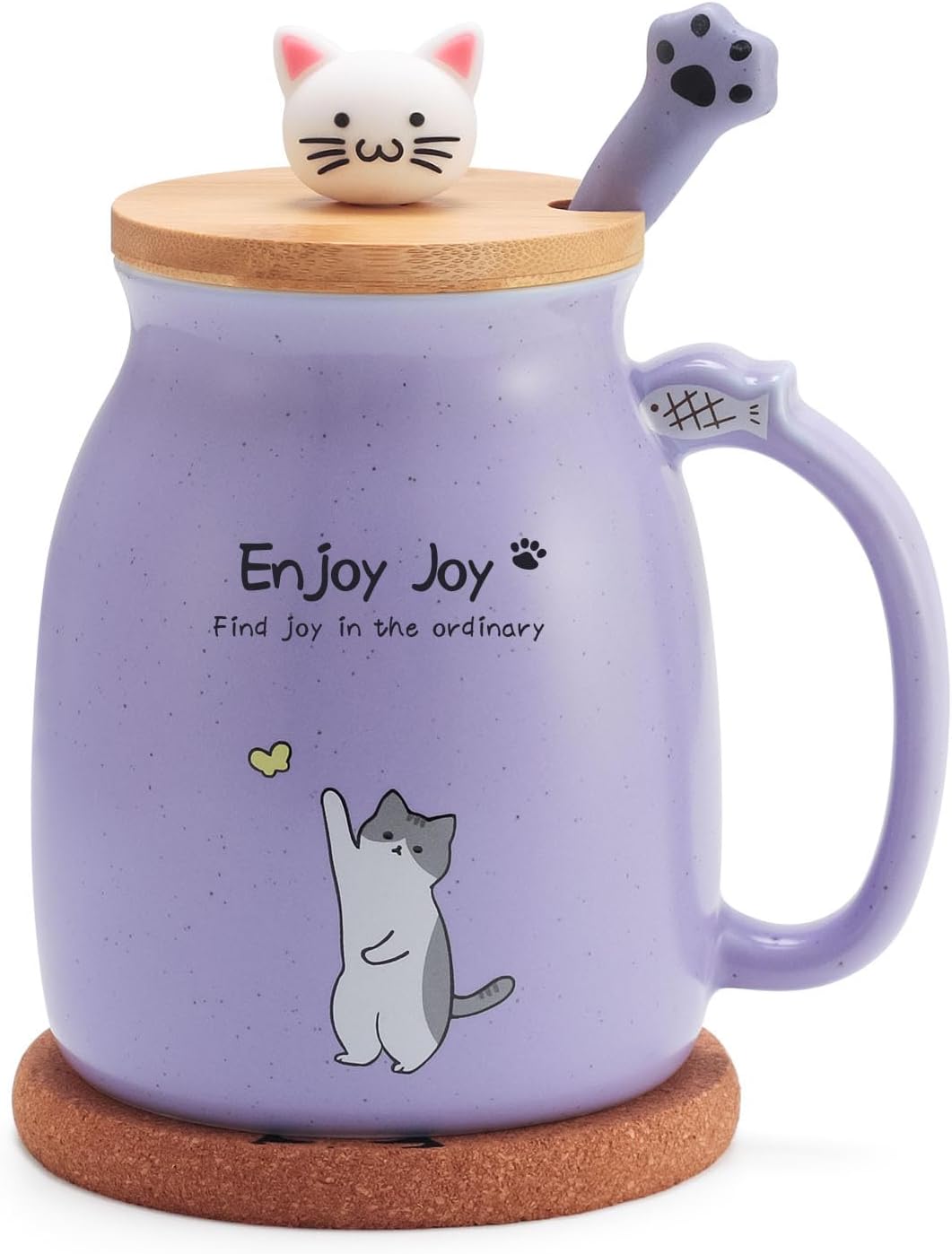 Cute Cat Cup Ceramic Coffee Mug with Kawaii Cat Wooden Lid, Lovely Stainless Steel Spoon, Anime Kitty Thicken Wooden Coaster, Christmas Birthday Cute Thing Japanese Mug 16oz (Blue)