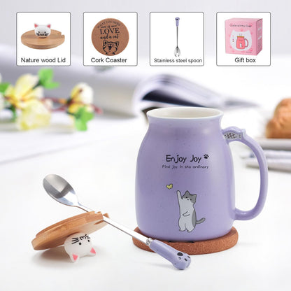 Cute Cat Cup Ceramic Coffee Mug with Kawaii Cat Wooden Lid, Lovely Stainless Steel Spoon, Anime Kitty Thicken Wooden Coaster, Christmas Birthday Cute Thing Japanese Mug 16oz (Blue)